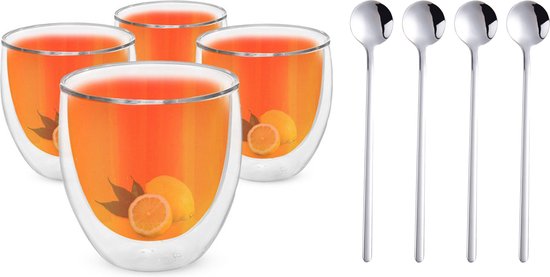 Verres à thé Trends Verres à thé à double paroi avec cuillère - Set de Verres à café - 250 ml - 4 pièces - Verres à Cappuccino - Verre à thé à double paroi