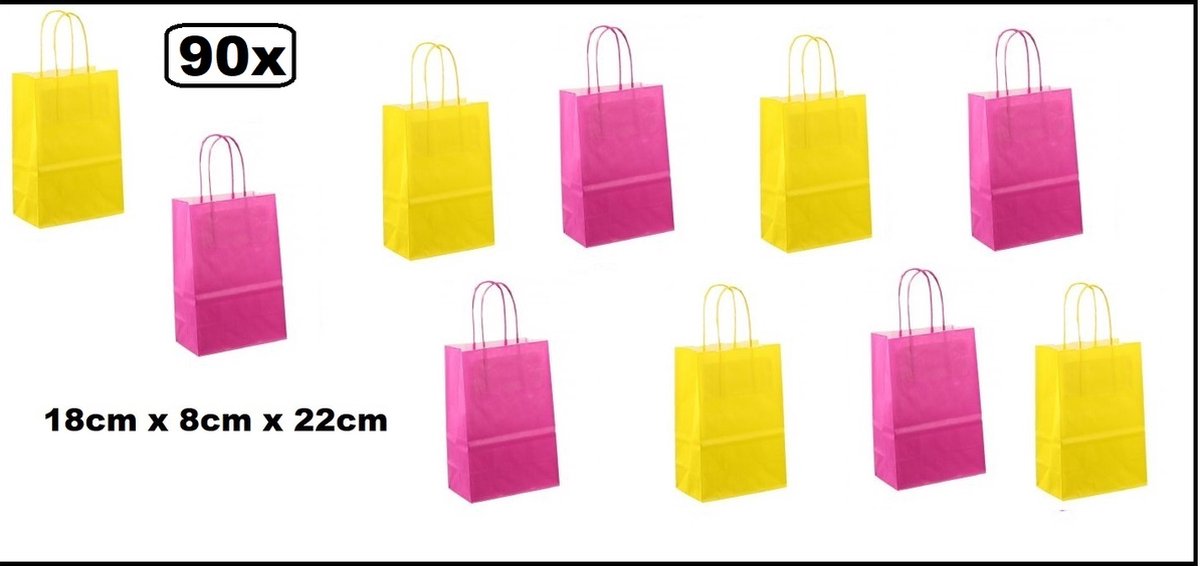 90x Papieren koordtas fuchsia en felgeel 18x8x22cm - goodiebag|papieren|draagtas|tas|koord|festival|kado|themafeest|party|geschenken
