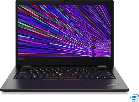 Zwarte Lenovo L13 laptop open met toetsenbord en een kleurrijk abstracte achtergrond op het scherm.