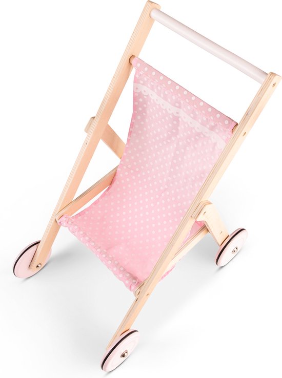 Houten poppenwagen met roze stoffen zitting met witte stippen en kanten rand.