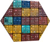 WallClassics - Dibond Hexagon - Opgestapelde Zeecontainers - 80x69.6 cm Foto op Hexagon (Met Ophangsysteem)