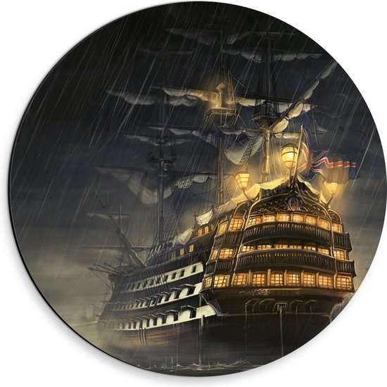 WallClassics - Dibond Muurcirkel - Groot Schip op Zee in Storm - 30x30 cm Foto op Aluminium Muurcirkel (met ophangsysteem)