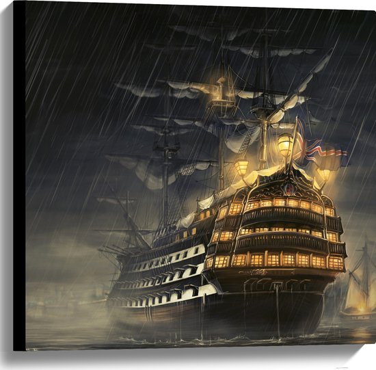 WallClassics - Canvas  - Groot Schip op Zee in Storm - 60x60 cm Foto op Canvas Schilderij (Wanddecoratie op Canvas)