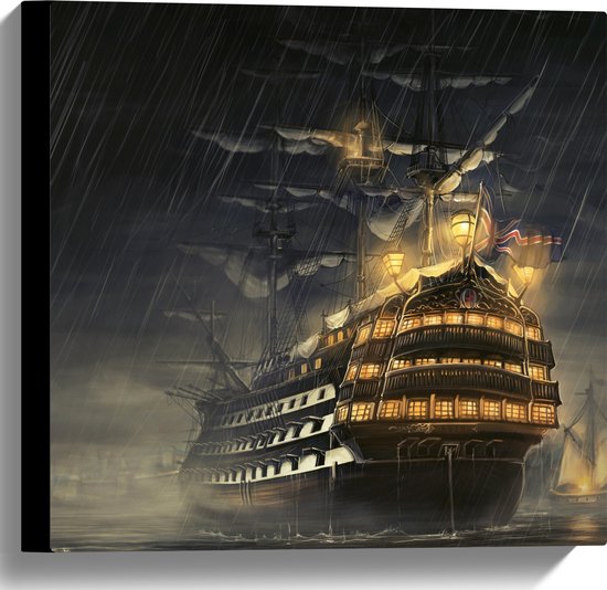 WallClassics - Canvas  - Groot Schip op Zee in Storm - 40x40 cm Foto op Canvas Schilderij (Wanddecoratie op Canvas)