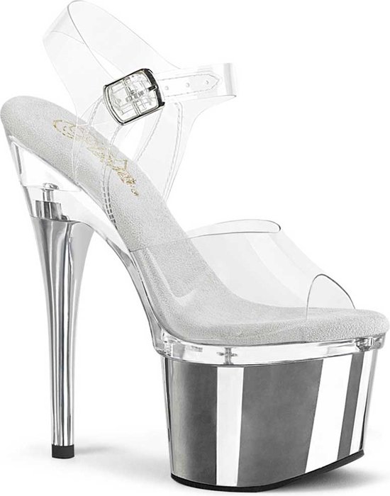 Pleaser - ESTEEM-708 Sandaal met enkelband, Paaldans schoenen - US 6 - 36 Shoes - Zilverkleurig/Transparant