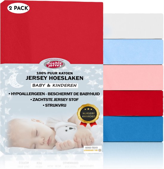Double Jersey - Duo pack Drap - Hoeslaken Kinder en 100% Katoen jersey doux - sans repassage et sans plis avec une hauteur d'angle jusqu'à 15 cm - 2 pièces 70x140x20 Junior Red