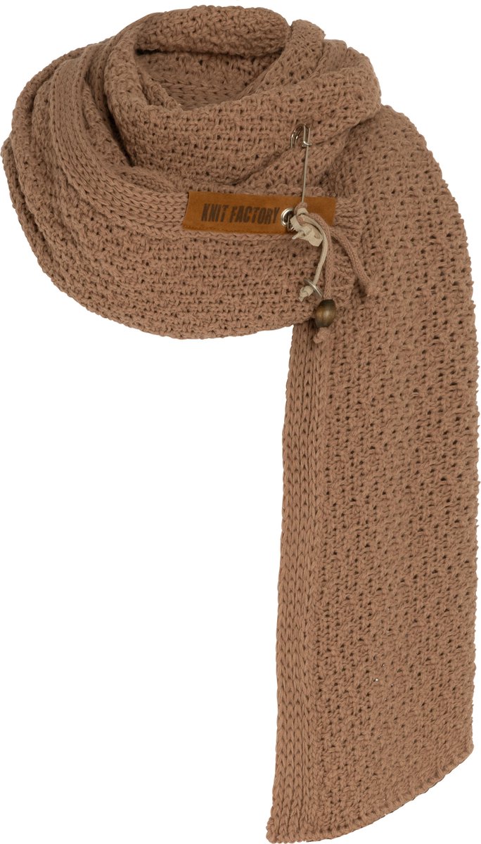 Knit Factory Luna Gebreide Sjaal Dames & Heren - Langwerpige sjaal - Ronde sjaal - Colsjaal - Omslagdoek - Nude - Bruin - 200x50 cm - Inclusief sierspeld