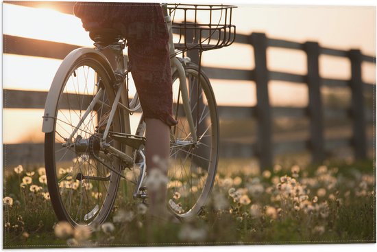 WallClassics - Vlag - Fietser door Bloemenveld - 60x40 cm Foto op Polyester Vlag