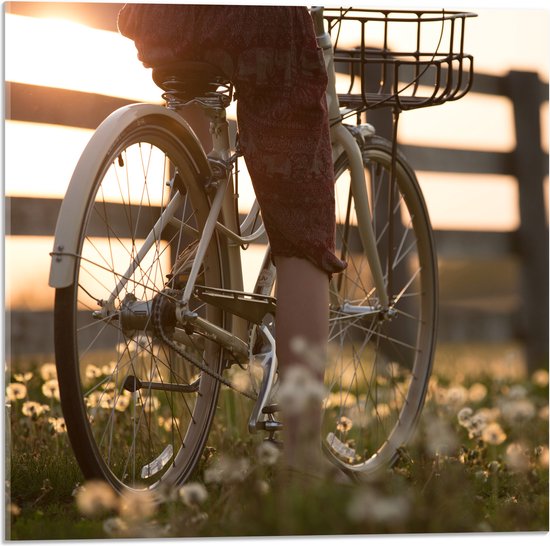 WallClassics - Acrylglas - Fietser door Bloemenveld - 50x50 cm Foto op Acrylglas (Wanddecoratie op Acrylaat)