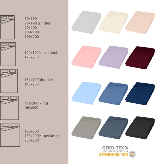 Overzicht van matrasmaten en kleuren hoeslakens: grijs, crème, roze, lila, bordeaux, lichtblauw, blauw, donkerblauw, donkergrijs, zwart.