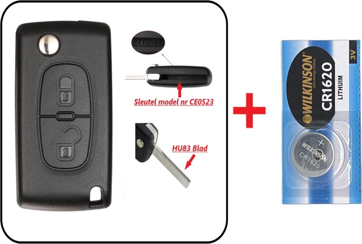 Citroen - boîtier de clé pliable - 2 boutons - embout clé HU83
