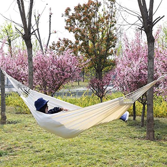 Outtec Hammock 200 x 150 cm, up to 200 kg, Outdoor Double Hammock for 1-2 People, Cotton Boho Style for Garden, Balcony, Patio, Breathable Hammock for
