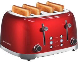 KitchenBrothers Retro Broodrooster - 4 Sneden - 6 Warmteniveaus - 4 Sneden - BPA-vrij - 4 Extra Brede Sleuven - 1630W - Reheat en Ontdooi-functie - Rood