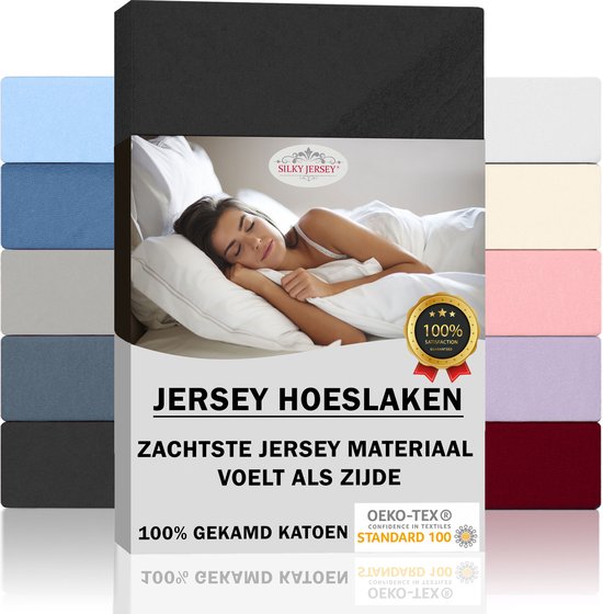 Jersey Silky - Draps housses -housses en jersey doux 100% Katoen - 120x200x30 Zwart