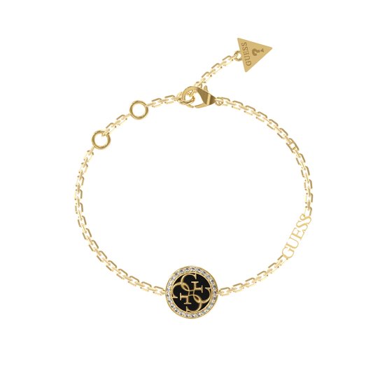 Bracelet doré avec un pendentif rond noir orné du logo GUESS 4G et de cristaux. Logo GUESS sur le fermoir.