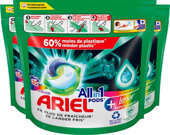 Ariel All in 1 Wasmiddel Pods + Touch Van Lenor Unstoppables - Wascapsules - Voordeelverpakking - 3 x 35 Wasbeurten