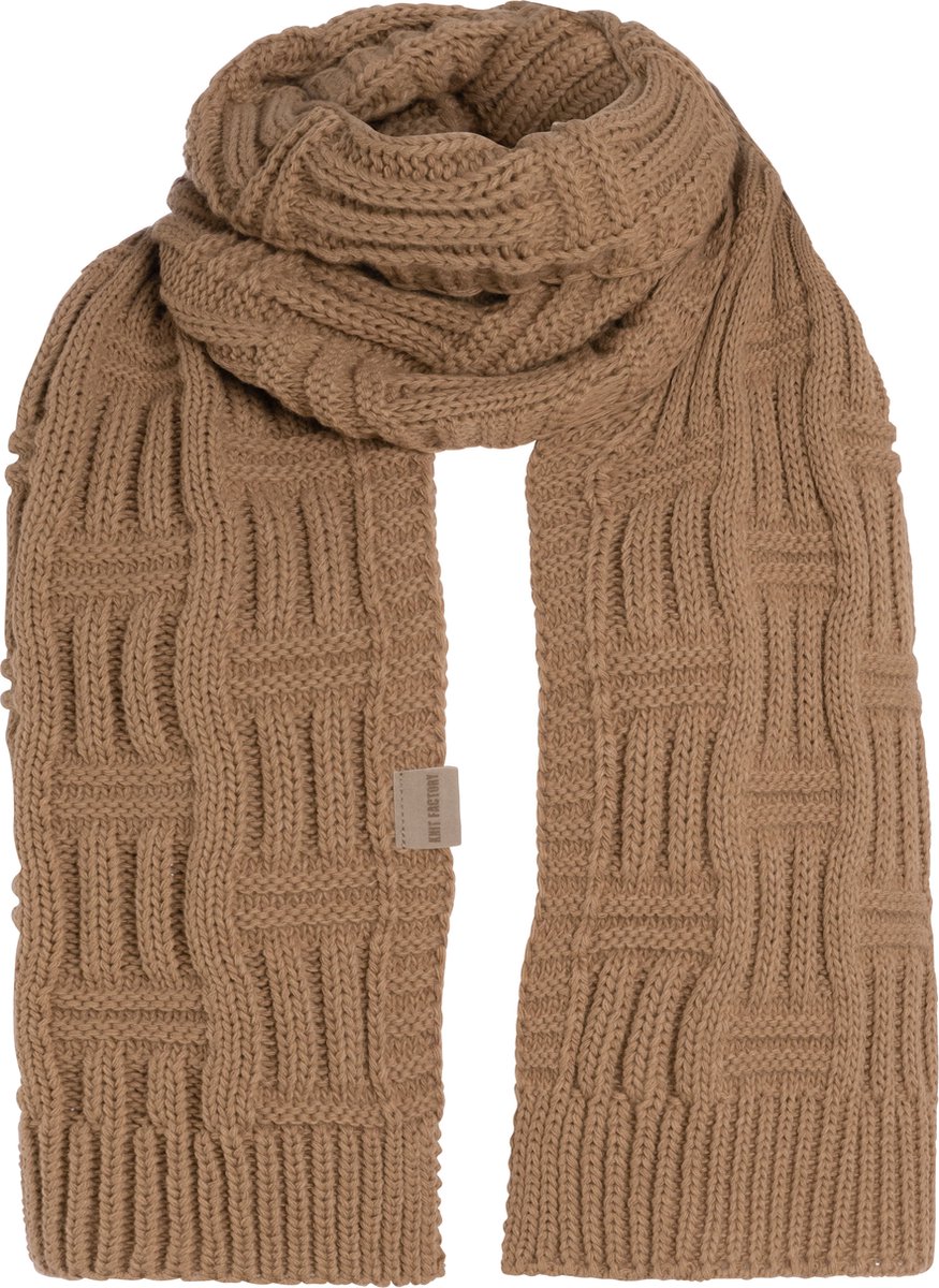 Knit Factory Bobby Gebreide Sjaal Dames & Heren - Herfst- & Wintersjaal - Grof gebreid - Langwerpige sjaal - Wollen Sjaal - Dames sjaal - Heren sjaal - Unisex - Nude - Bruin - 200x30 cm