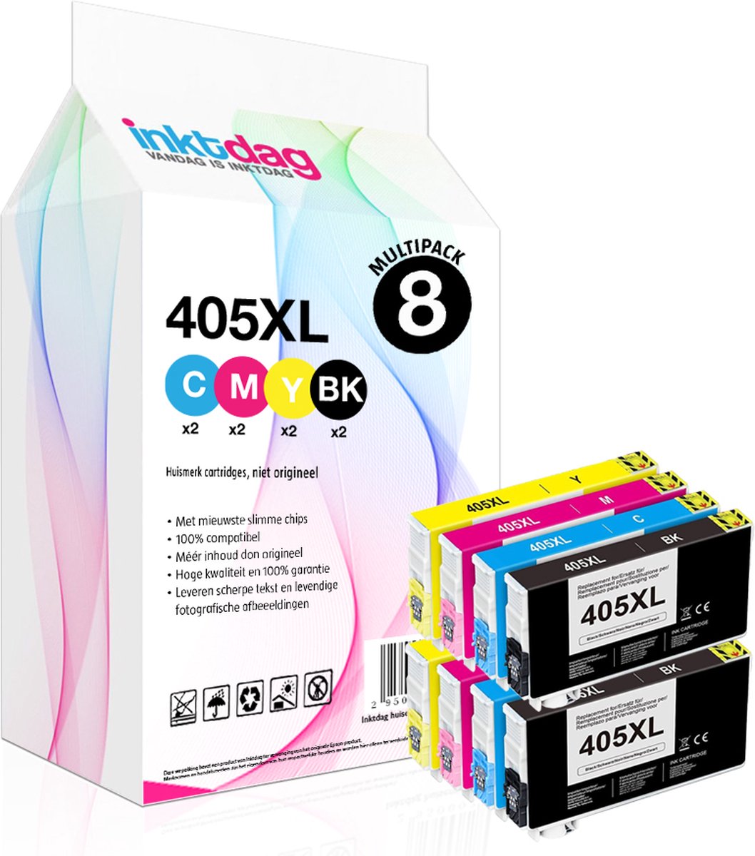 Inktdag inktcartridge voor Epson 405XL - Multipack van 8 stuks - Met Chip - Epson 405 - Voor Printers: Epson WorkForce Pro WF-3820 DWF - WF-3825 DWF - WF-4820 DWF - WF-4825 DWF - WF-4830 DTWF - WF-7830 DTWF - WF-7835 DTWF - WF-7840 DTWF