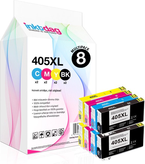 Inktdag inktcartridge voor Epson 405XL Multipack van 8 stuks - Met Chip - Epson 405xl - Voor Printers: Epson WorkForce Pro WF-3820 DWF - WF-3825 DWF - WF-4820 DWF - WF-4825 DWF - WF-4830 DTWF - WF-7830 DTWF - WF-7835 DTWF - WF-7840 DTWF