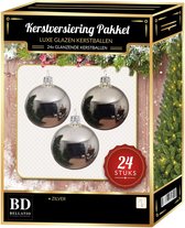 24 Stuks glans glazen Kerstballen pakket zilver 6 en 8 cm - kerstballen pakket