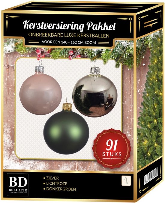 Kerstballen set 91-delig voor 150 cm boom - zilver/donkergroen/lichtroze  Kerstversiering | bol.com