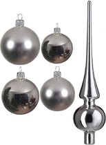 Compleet glazen kerstballen pakket zilver glans/mat 38x stuks - 18x 4 cm en 20x 6 cm - Inclusief piek glans