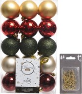 Kerstversiering mix pakket kunststof kerstballen goud/rood/groen 30x stuks 6 cm met goudkleurige ophanghaakjes
