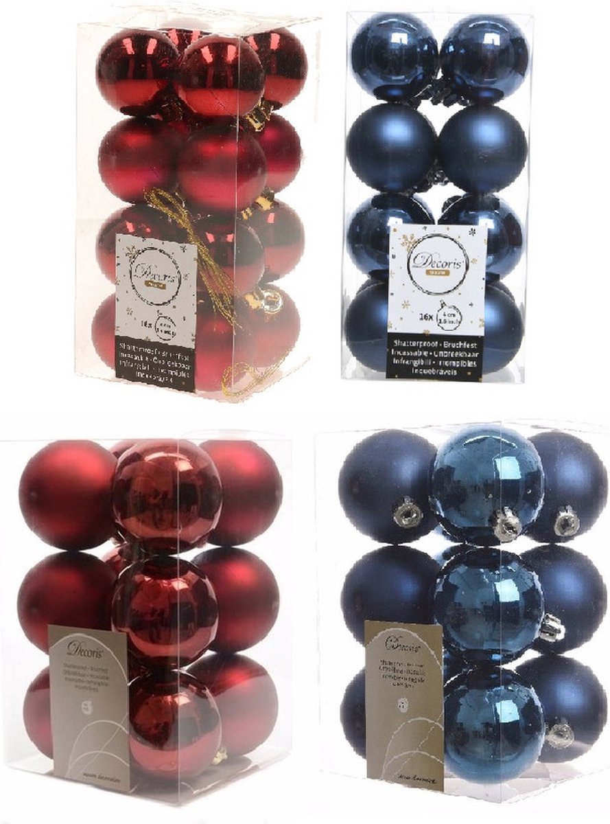 Kerstversiering kunststof kerstballen kleuren mix donkerblauw/donkerrood 4 en 6 cm pakket van 80x stuks