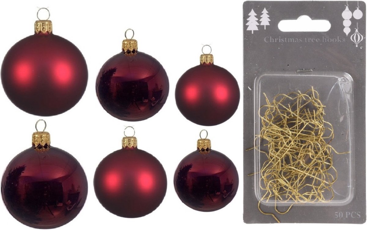 Groot pakket glazen kerstballen donkerrood glans/mat 50x stuks - 4-6-8 cm incl haakjes
