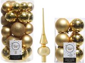 Kerstversiering kunststof kerstballen goud 4-5-6 cm pakket van 43x stuks incl piek van glas 26 cm
