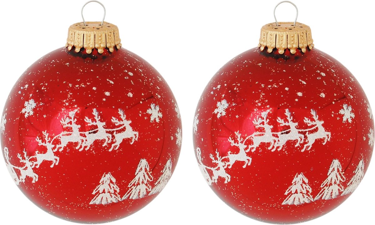 Krebs Kerstballen - 8x stuks - rood - rendieren opdruk - 7 cm - glans - gedecoreerd - Kerstversiering/kerstdecoratie