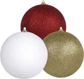 3x stuks grote glitter kerstballen van 18 cm set - Goud - Wit - Rood - Kerstversieringen
