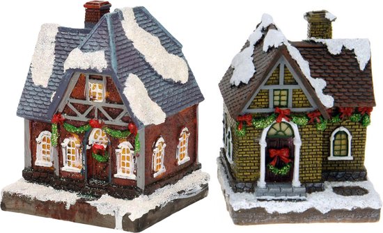 2x Kersthuisjes/kerstdorpje met verlichting 13 cm - Kerstdorpen maken accessoires