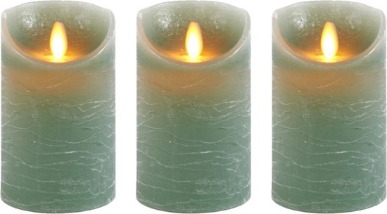 3x Jade groene LED kaarsen / stompkaarsen 12,5 cm - Luxe kaarsen op batterijen met bewegende vlam