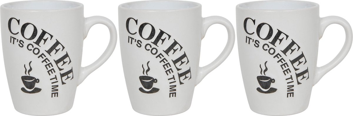 Mok (3 stuks) - It's Coffee Time - Koffiekopjes - Wit - 340ml