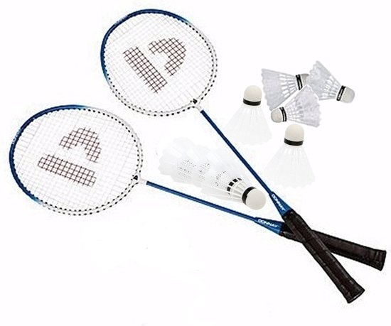 Foto: Donnay badminton set blauw met 9x shuttles en opbergtas voor volwassenen