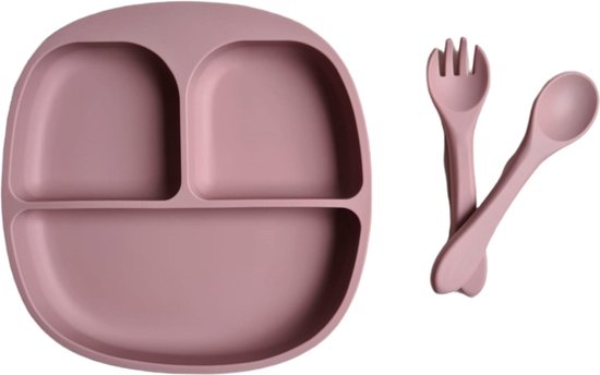 Dinerset - Kinderserviesset - 3 delig kinderserviesset - Siliconen - diner - Bestek - Kinderbestek - kinderservies - kraamcadeau - baby - kind - servies - babyservies - eten - drinken - dinerset - diner - kraampakket - Pale Rose