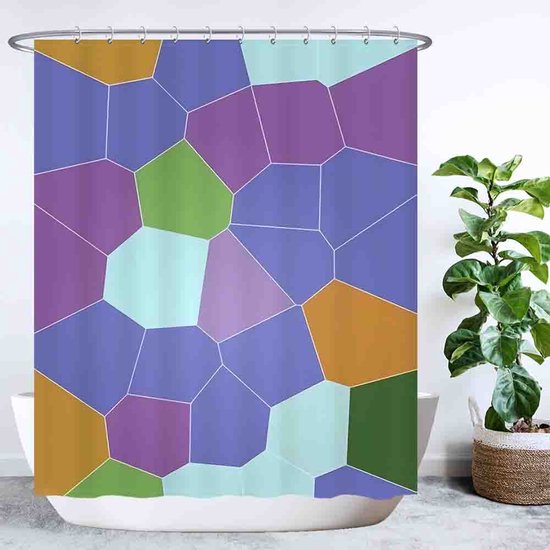 Ulticool Douchegordijn - Pentagon Hexagon Aesthetic - Vormen en Kleuren  - 180 x 200 cm - met 12 ringen - Lila Paars Oker Groen