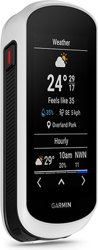 Garmin Edge Explore 2 fietscomputer met weersinformatie: 24 graden, bewolkt, wind 5 km/u.