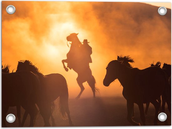 WallClassics - Poster de jardin - Cowboy entre Paarden qui courent - 40x30 cm Photo sur Poster de jardin (décoration murale pour l'extérieur et l'intérieur)