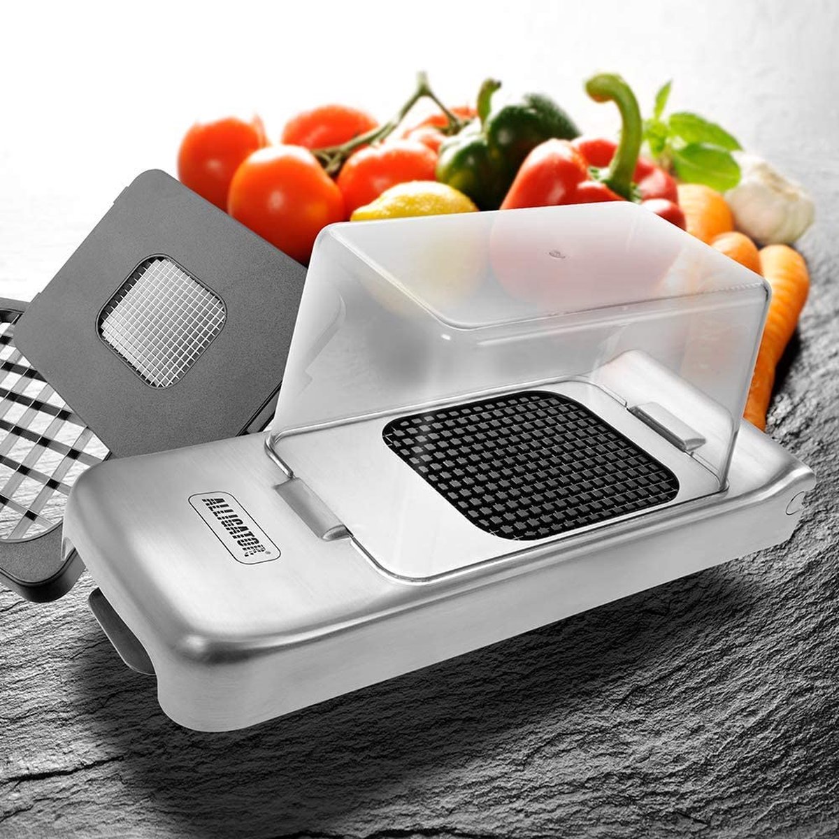 Trancheuse à Légumes Manuelle Avec Couvercle - Support Oignon 10 Dents Inox - Coupe Tomates, Fruits, Viande - Vert Clair