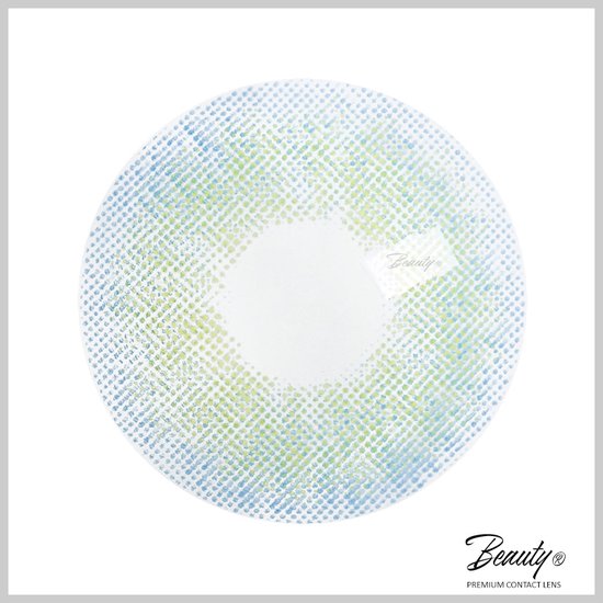 Een blauwgroene gekleurde contactlens, die lichtreflecties toont en een rasterpatroon heeft. "Beauty" logo op de lens.