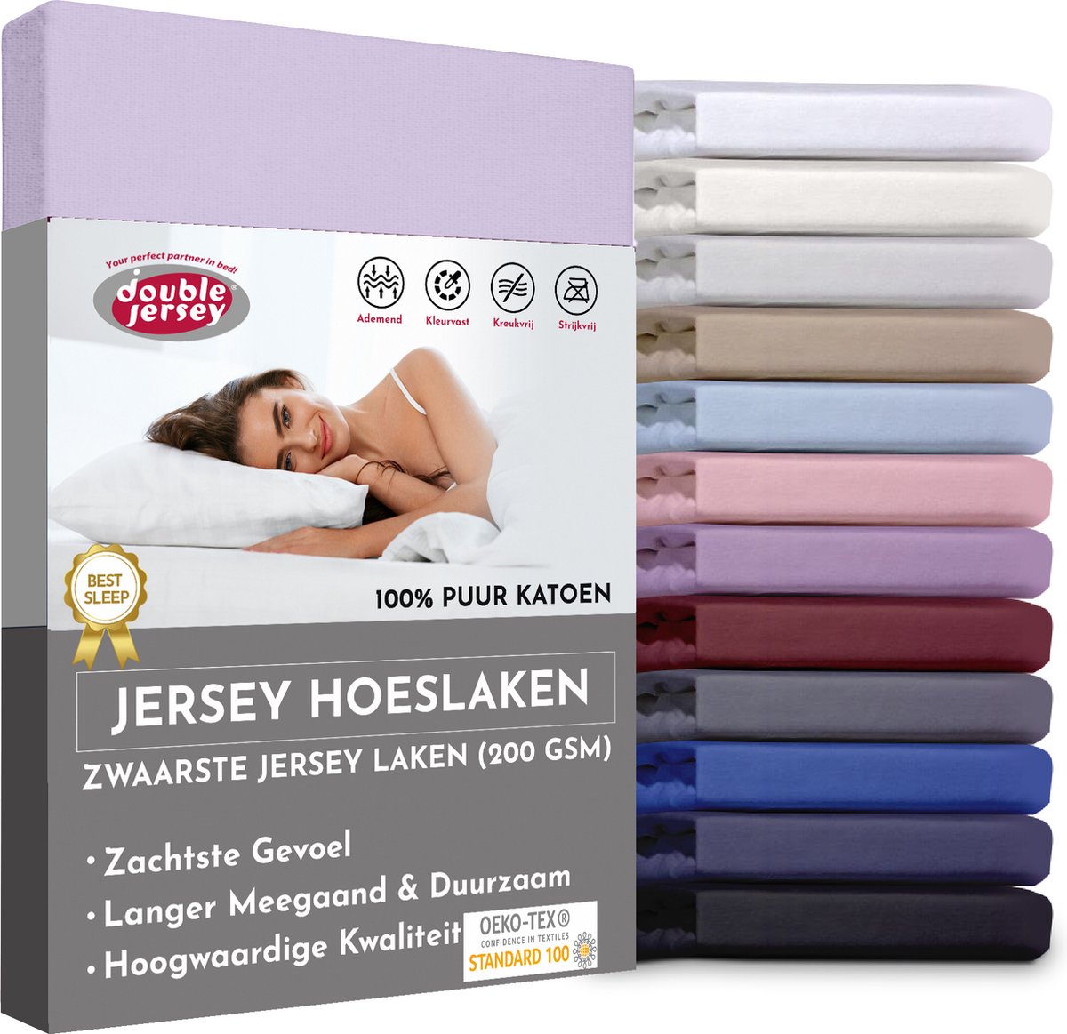 Double Jersey Hoeslaken - Hoeslaken 180x200+30 cm - 100% Katoen Lavender