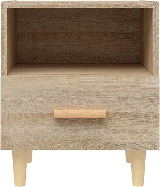 Table de chevet couleur chêne sonoma avec compartiment ouvert et tiroir fermé, pieds en bois.