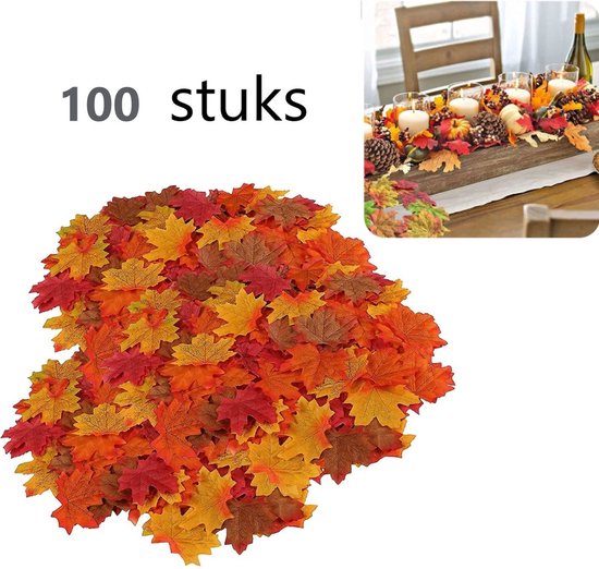 Bladeren slinger decoratie - herfst versiering - Herfst decoratie 100-stuks Herfst Esdoorn Bladeren | herfstbladeren 8 x 6.5cm | gekleurde nep bladeren | kleur blad geel oranje rood | herfstk