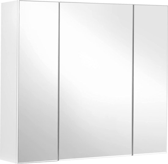 VASAGLE Badkamermeubel Met 3 Spiegeldeuren - Ruime Spiegelkast Met Open Vak En Verstelbare Planken, Wolkenwit 16,5 X 90 X 75 Cm BBK130W01