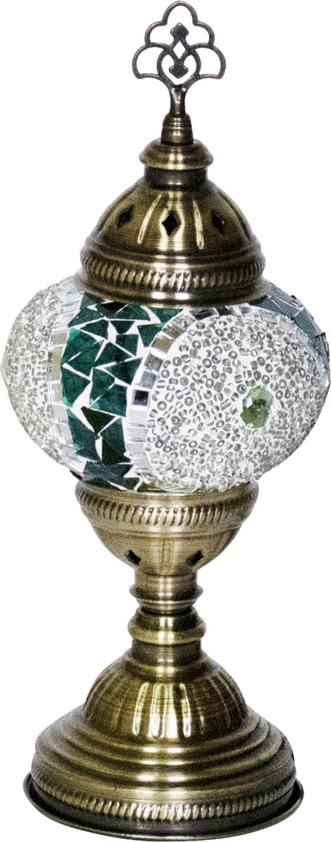 Oosterse mozaiek tafellamp - Zilver/Groen - Hoogte 30cm - Diameter bol(len) 13,5cm