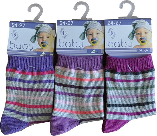 Baby sokjes streepjes - maat 24/27 - 12 paar - 90% KATOEN - Zonder naad aan de teen