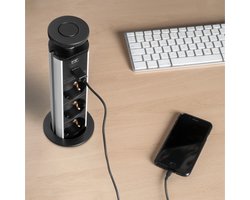 Emuca pop-up inbouw stekkerdoos met 3 stopcontacten en 2 USB laadpunten - Ø 6 cm – stekkerblok met telefoonlader voor huis en kantoormeubilair – zwart