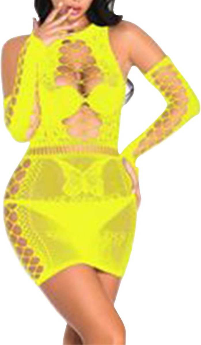 Goedkoopste Dames Lingerie Stretch Sexy Mini Dress met mouwen - Fluo geel - one size (38-44